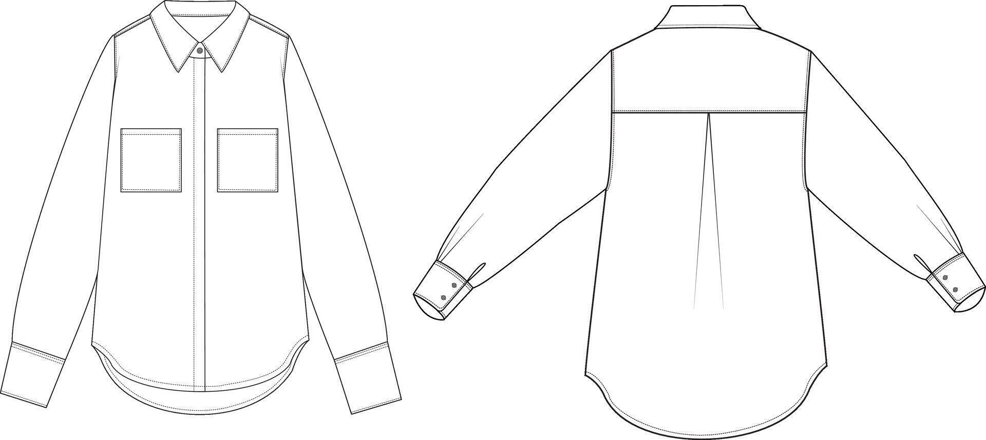 Flat Sketch of Classic Button-Down Shirt with Pockets and Cuffed Sleeves Technical Drawing Front and Back vector