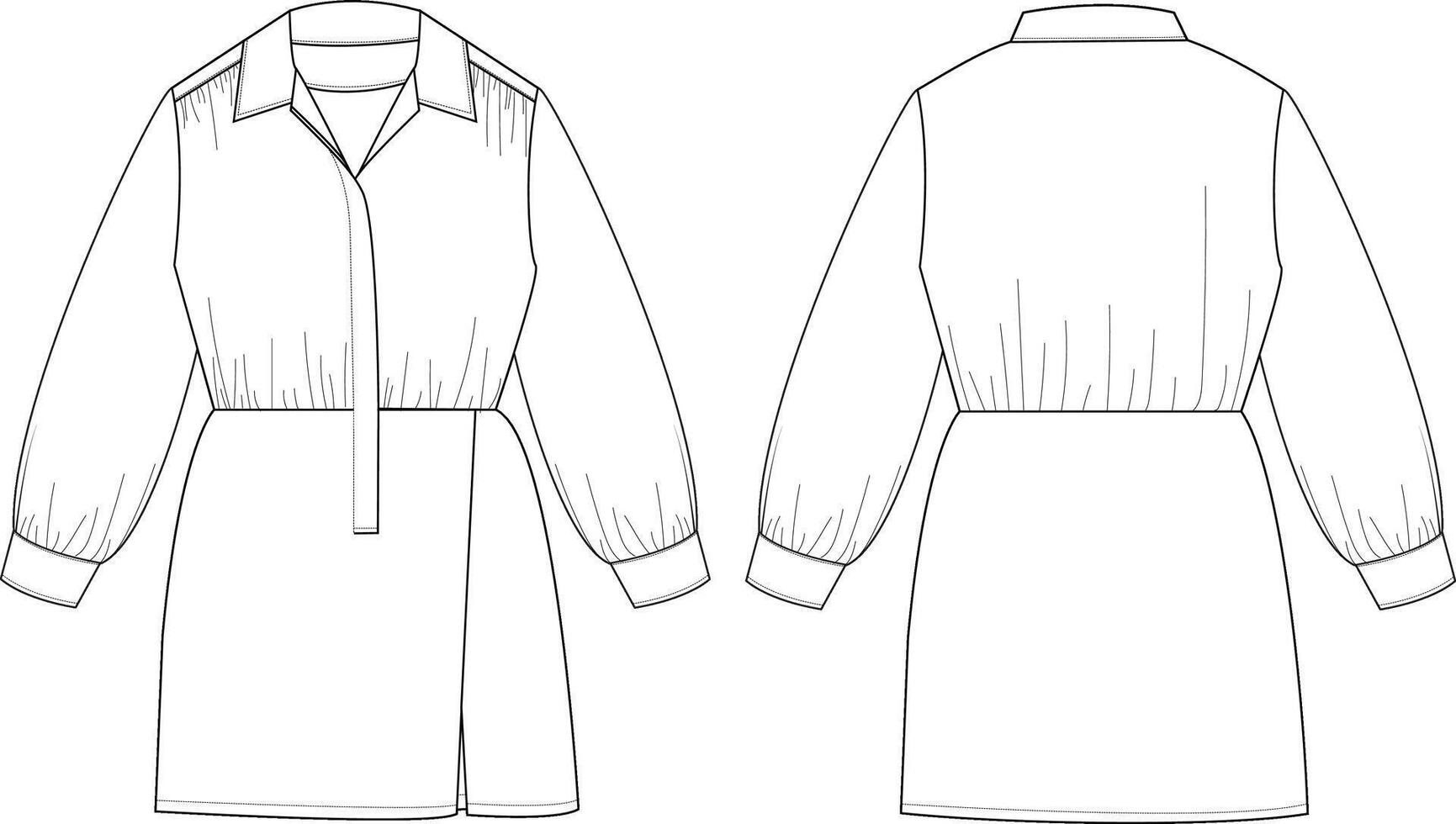 Flat Sketch of Long Sleeve Dress with Waist Elastic and Button Closure Technical Drawing Front and Back vector
