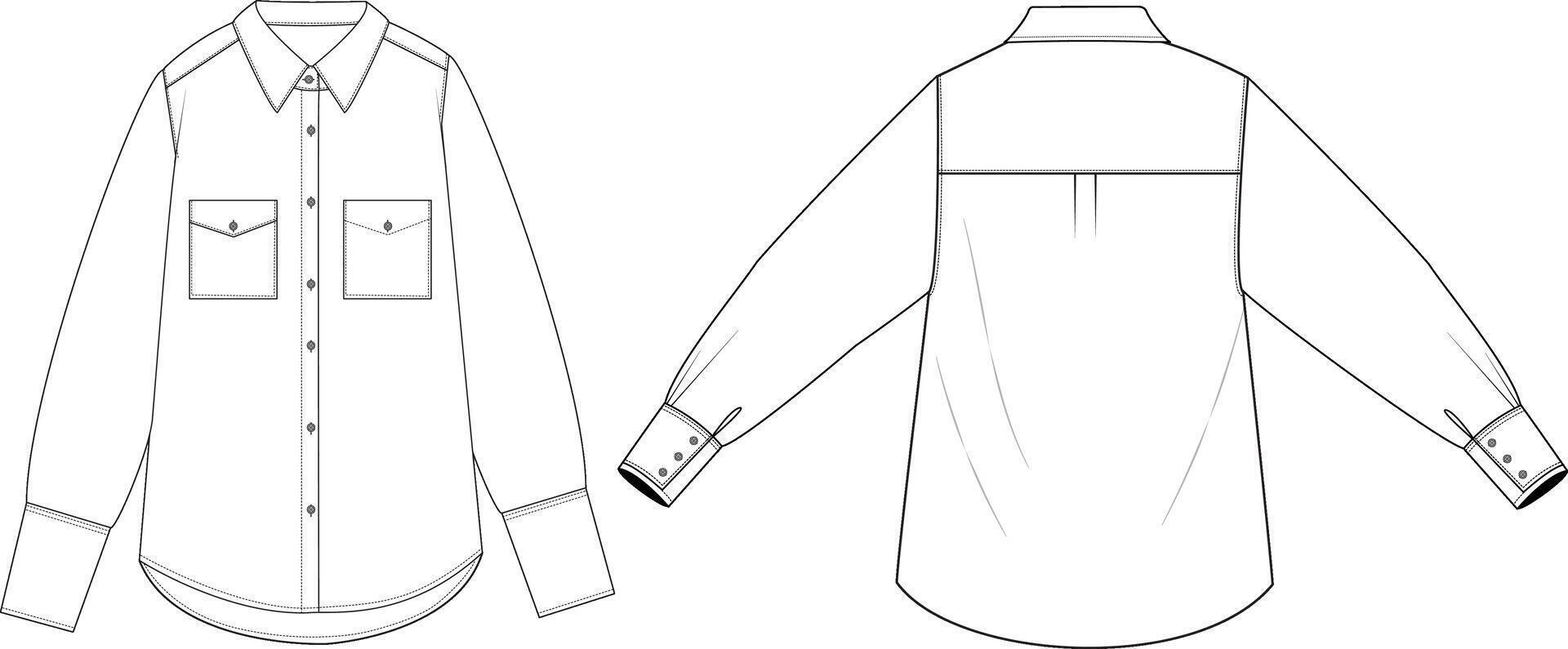 Flat Sketch of Button-Up Shirt with Chest Pockets and Cuffed Sleeves Technical Drawing Front and Back vector