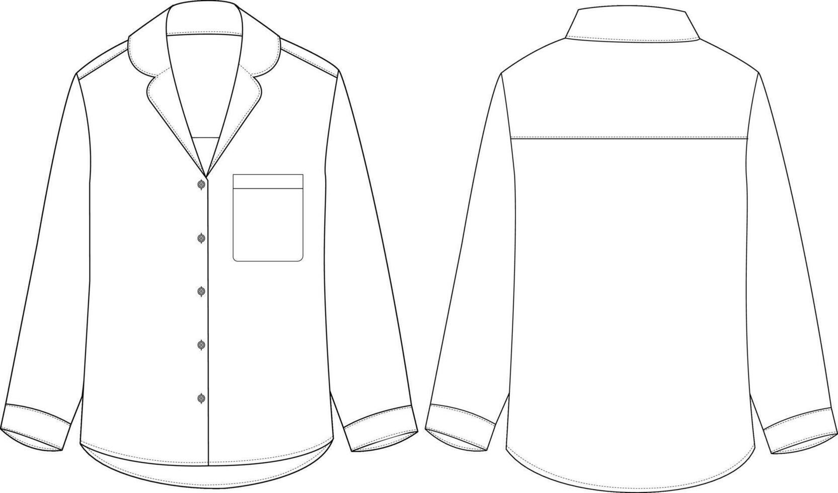 Flat Sketch of Classic Button Up Shirt Technical Drawing Front and Back vector