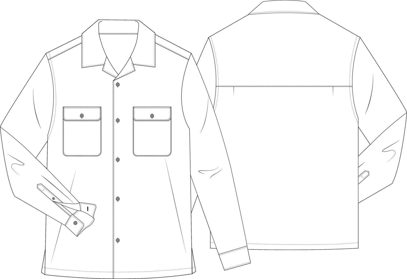 Flat Sketch of Button-Up Shirt with Dual Pockets and Cuffed Sleeves Technical Drawing Front and Back vector