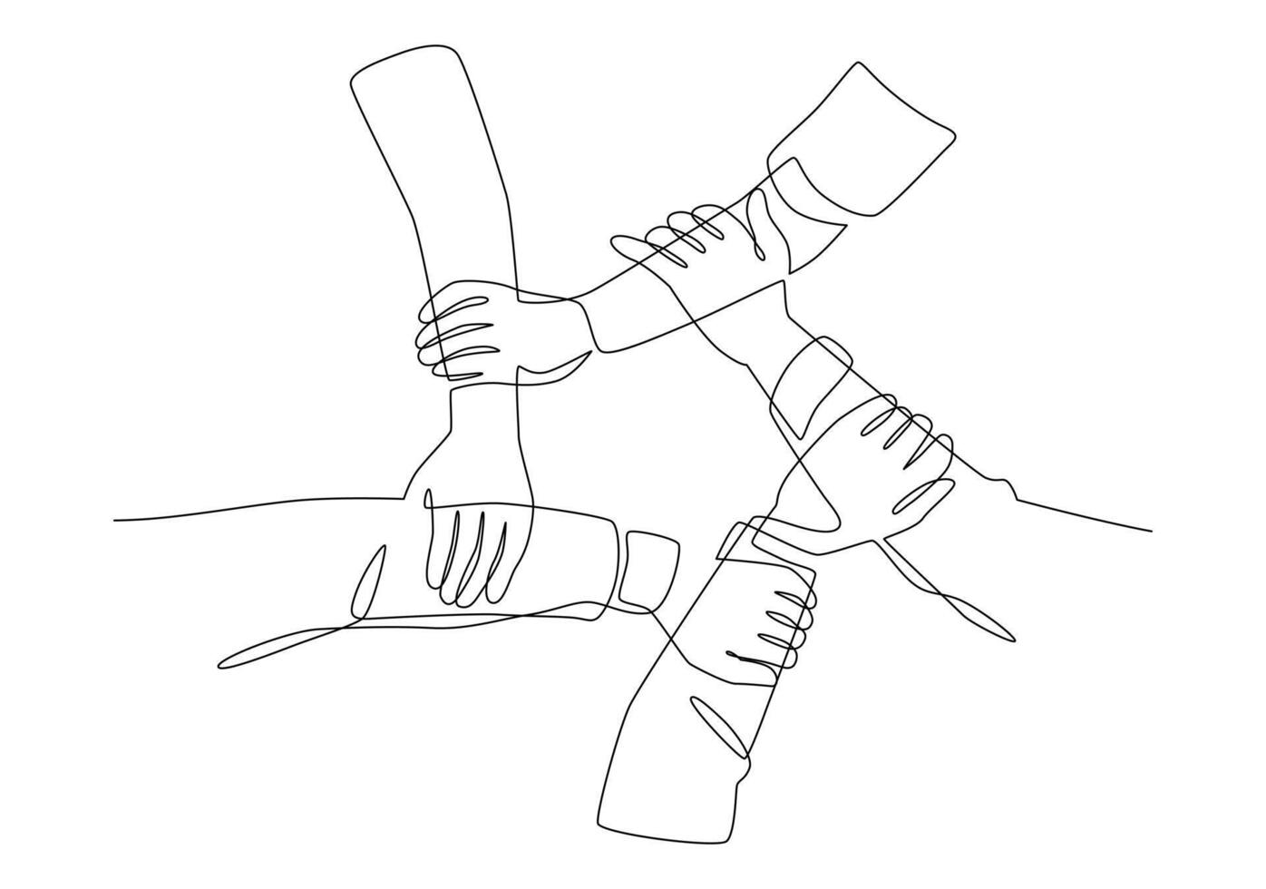 Minimalist continuous line drawing, Hands of a team of five business people clasping their wrists together, symbol of teamwork, illustration. vector