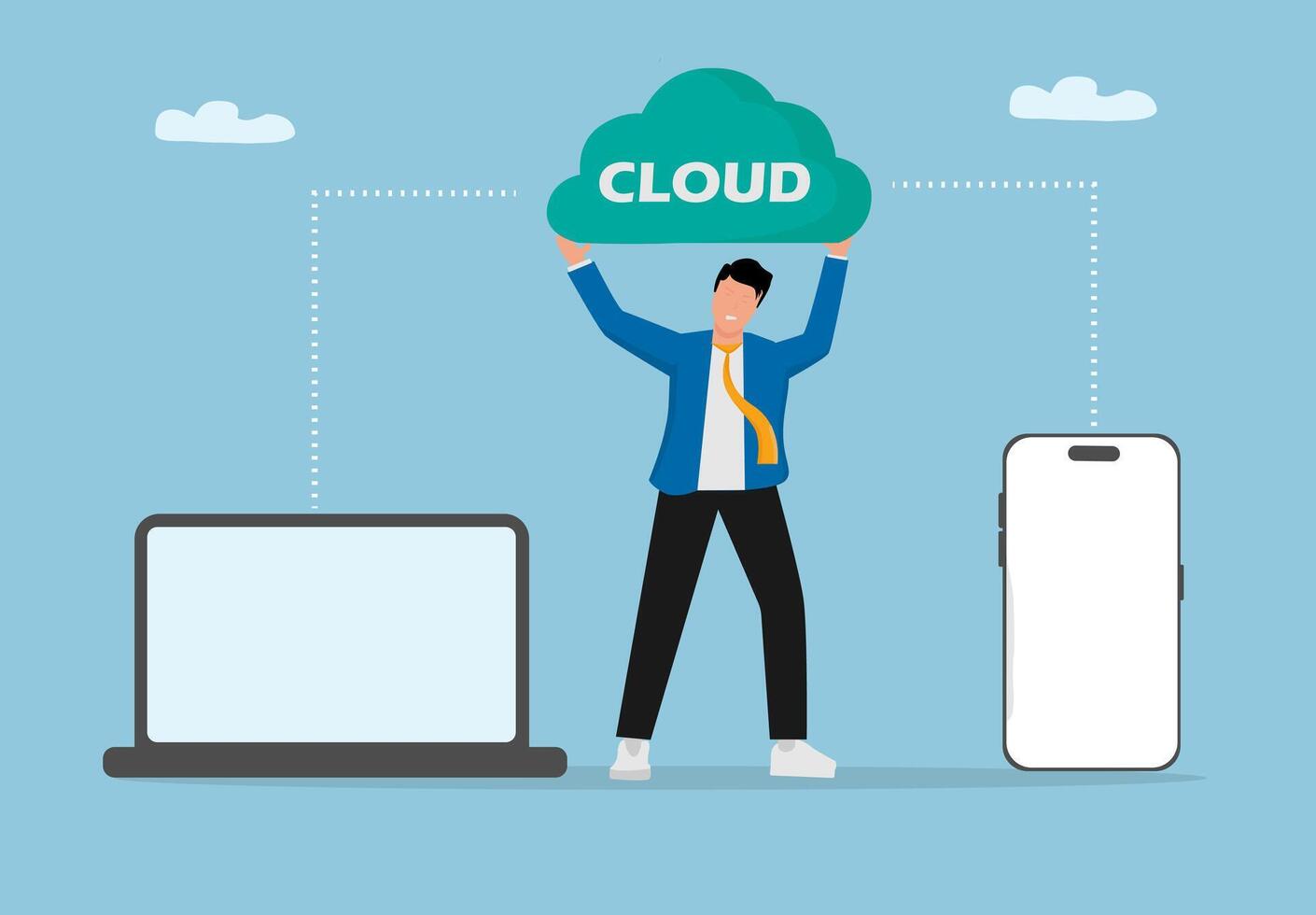 Design Cloud Computing Illustration of Businessman Connecting Data Between Laptop and Smartphone for Digital Storage, Online Network, and Technology vector