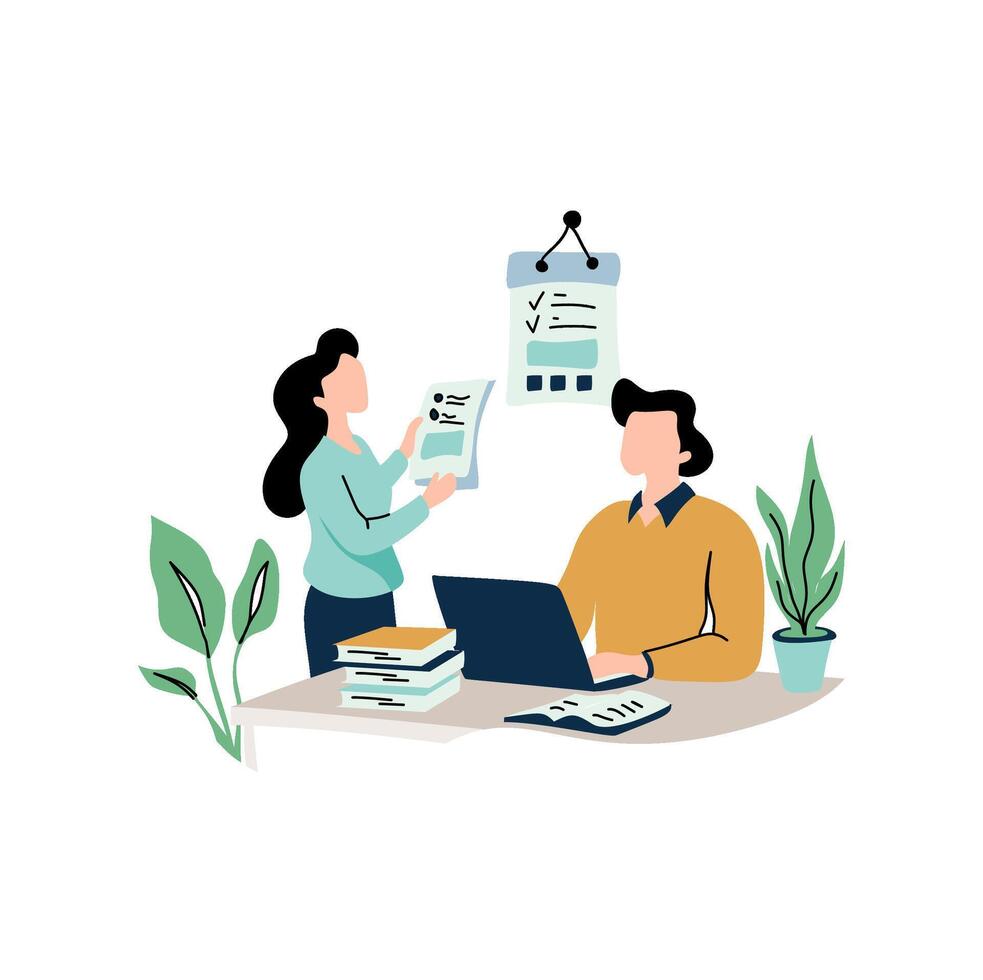 Two colleagues collaborating, reviewing documents, and working on a laptop at a desk. vector