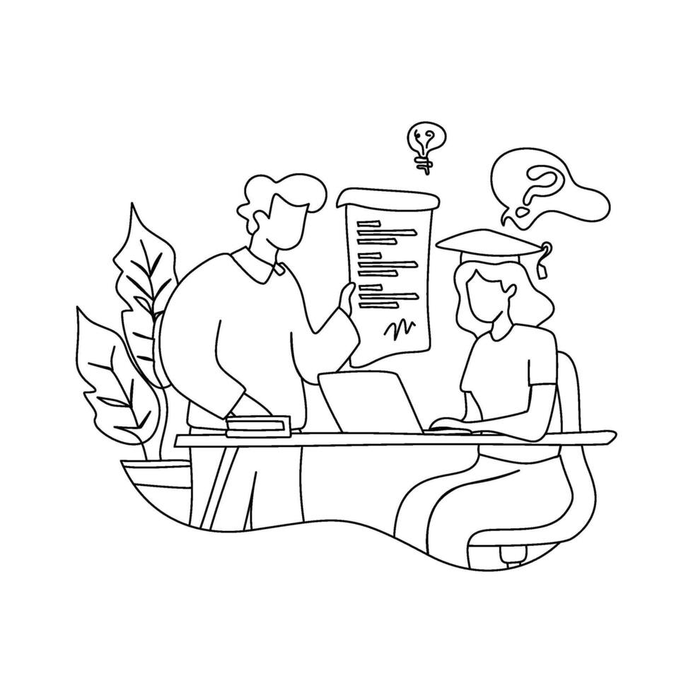 Student and Instructor Discussing Document with Lightbulb and Question Mark vector