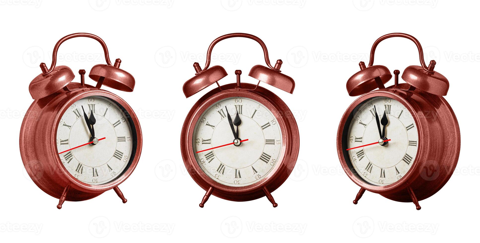 set collection retro clock, watch, pointer clock, Red color alarm clock on isolated white background photo
