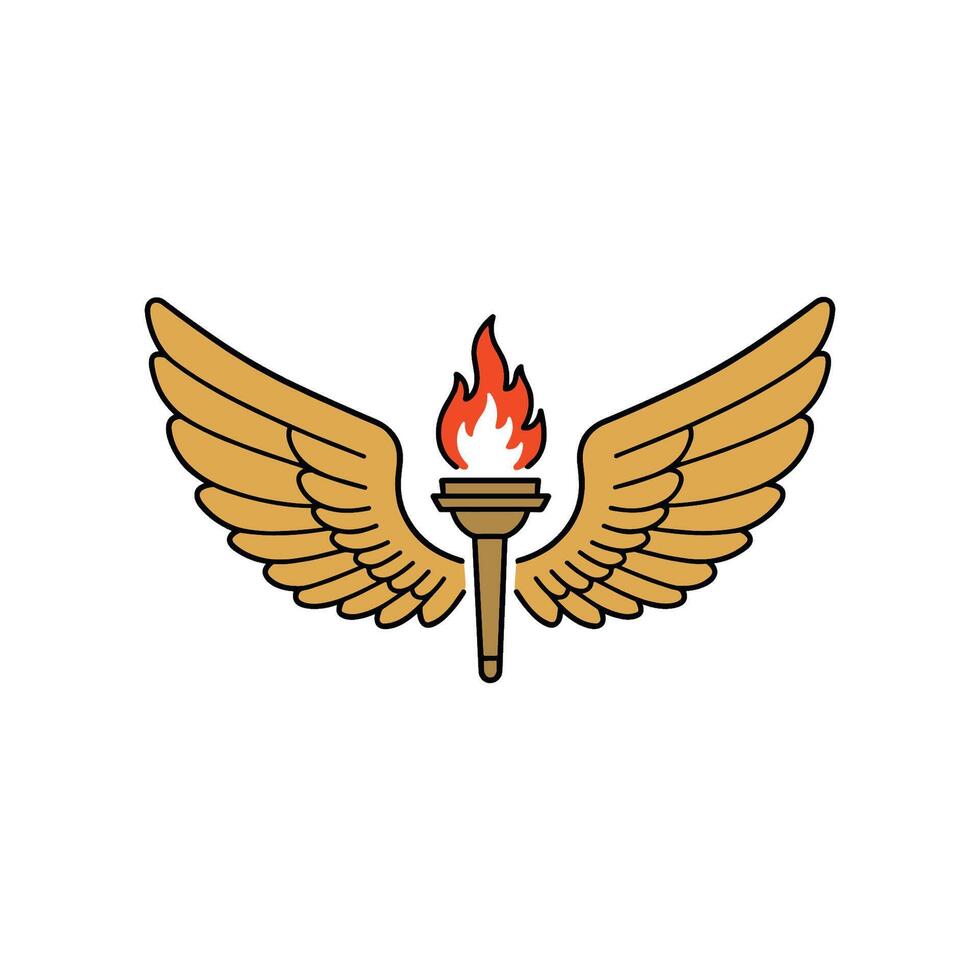 Winged torch emblem with flaming torch and golden wings symbol vector