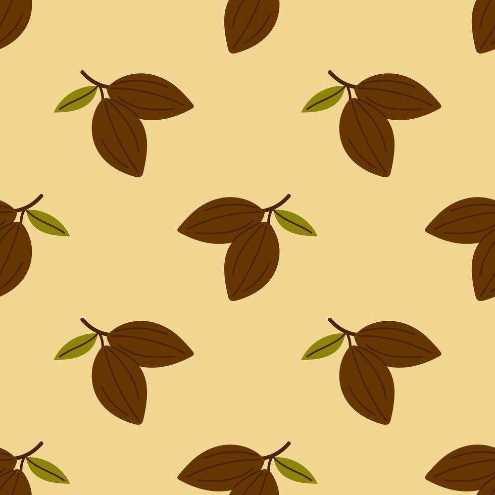 seamless pattern with cocoa pods and green leaves on beige. Natural chocolate ingredient print background for dessert menu, confectionery branding, and gourmet packaging. Wrapping design. vector