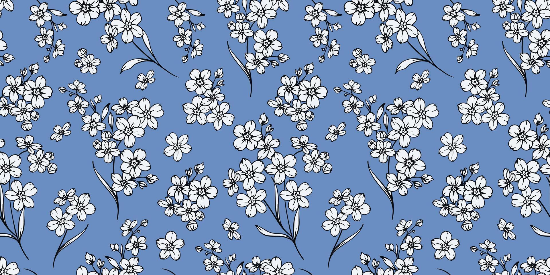 Floral seamless pattern with Forget-me-nots. Flower background. Trendy Flower pattern hand drawn line art. Elegant seamless background minimalist style vector