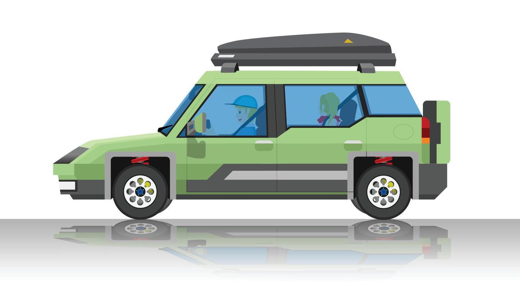 Object of side view traveling of off road. Driving man and famiily inside green car. On the car roof rack Hard shape. With shadow on isolated white background. vector
