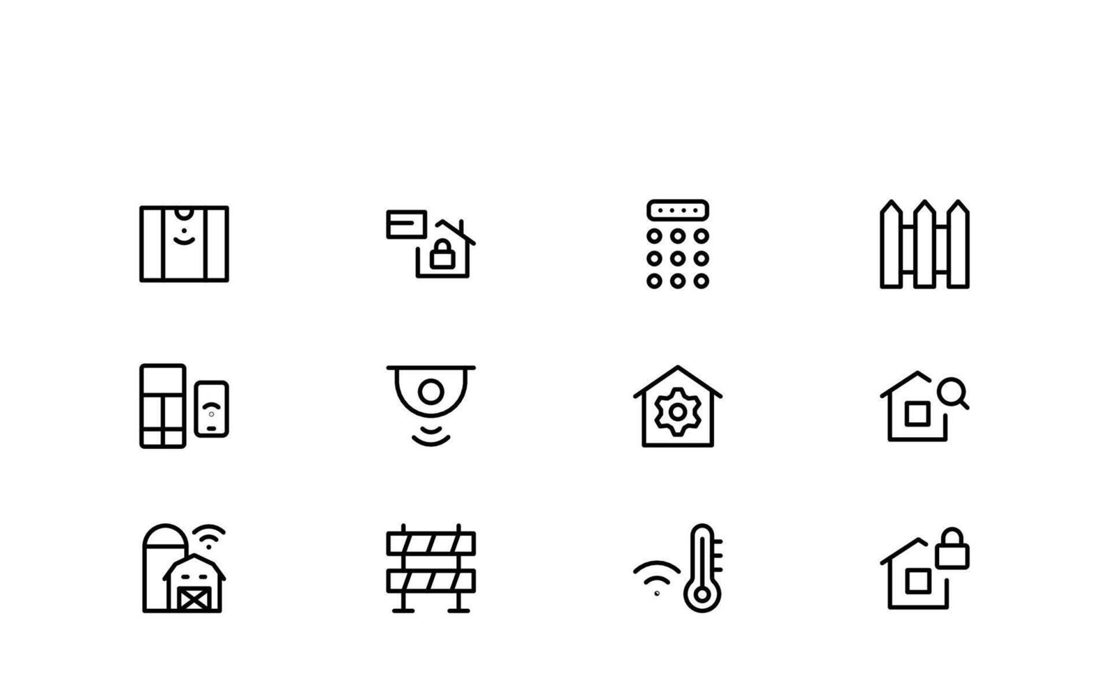 Smart Home Security Line Icon Set featuring professional, minimal, and pixel-perfect symbols for alarms, CCTV, door locks, and access monitoring. vector