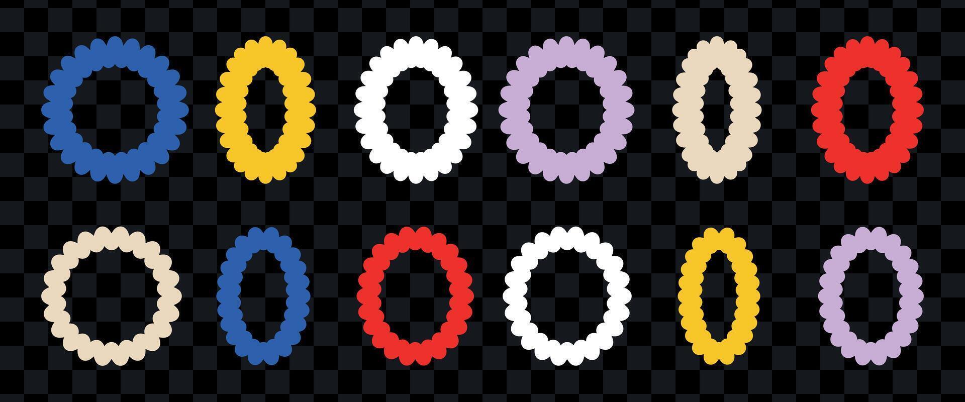 Color squiggle frames set. Color wiggly circle shapes with curved borders. vector
