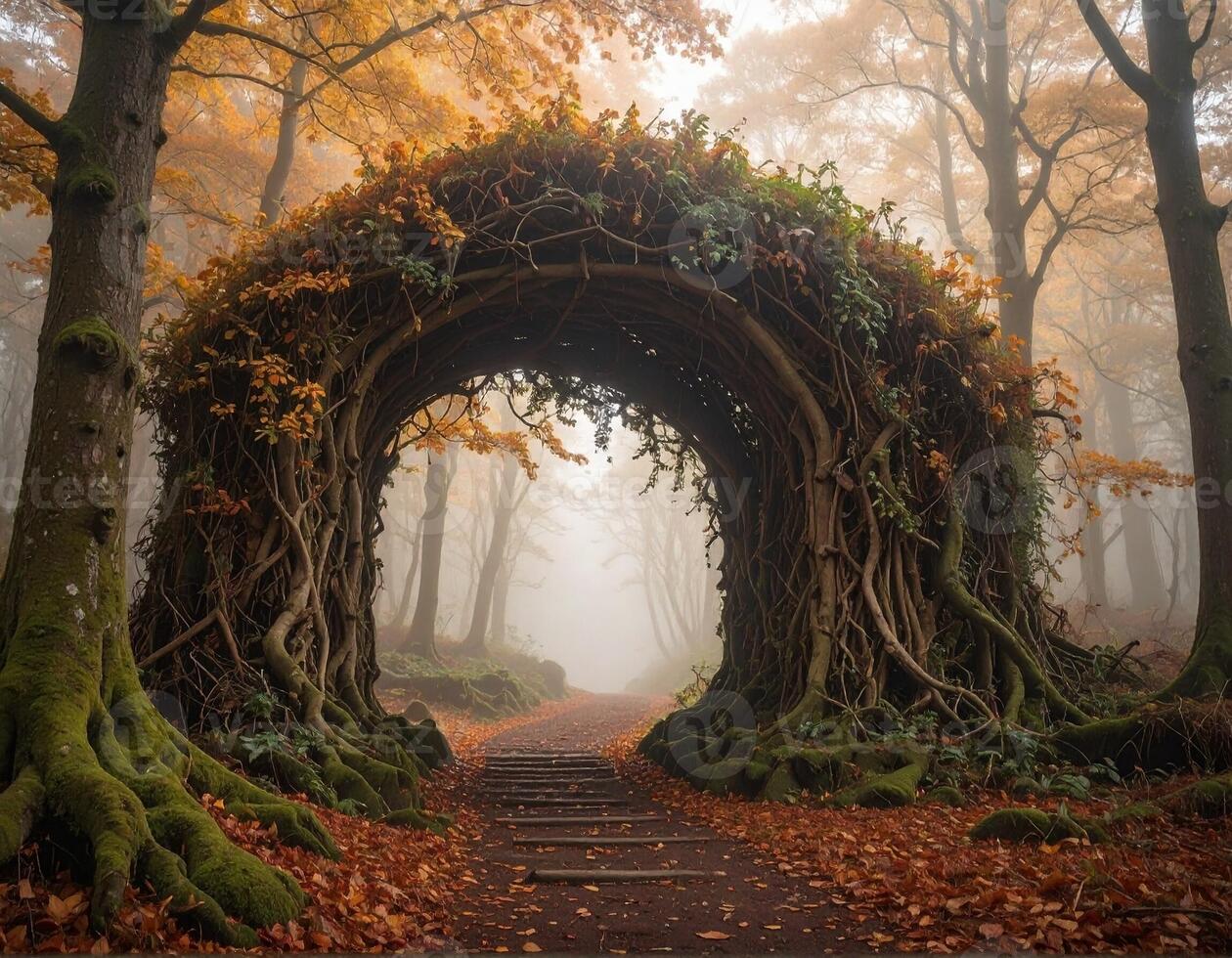 A path through a forest with a tree arch photo