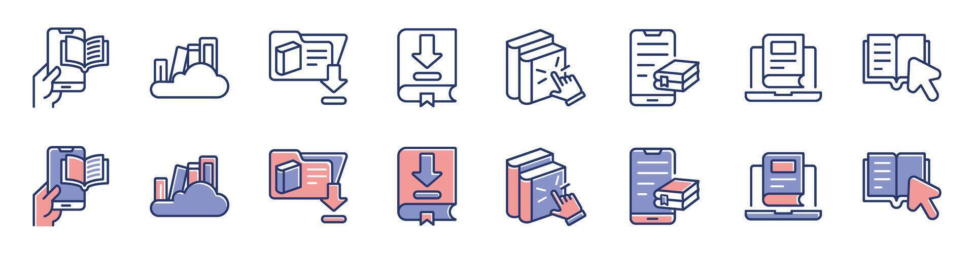 education online library icon line set read and learn book course download arrow digital e-book journal literature business signs illustration for web and app vector