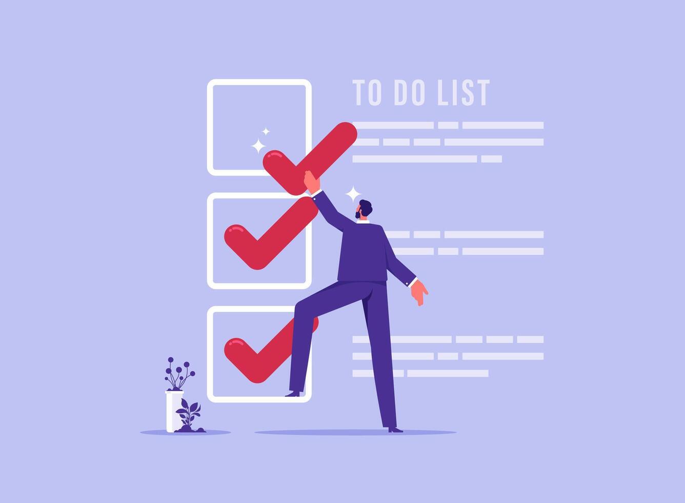 Businessman tick finished working project task checkbox on todo list, complete to do list concept vector