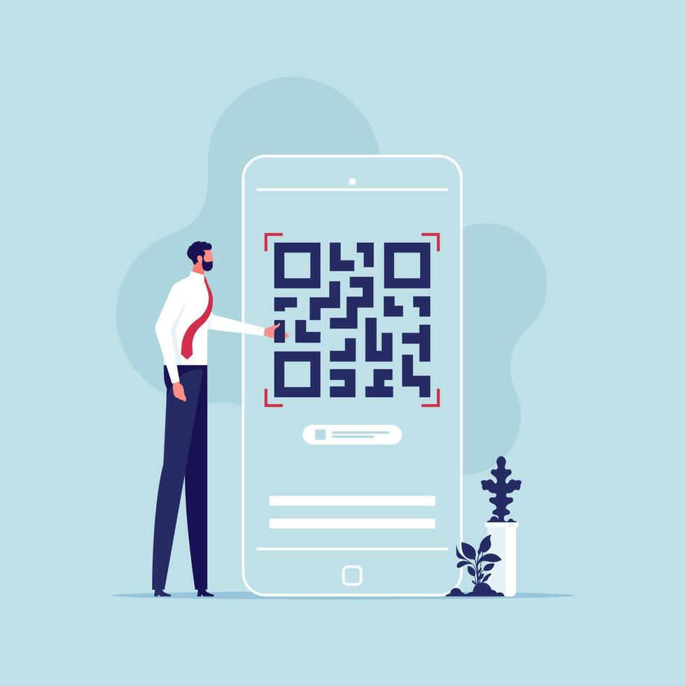 QR code scanning concept. Businessman standing near big mobile phone and scan qr code for payment goods and services vector