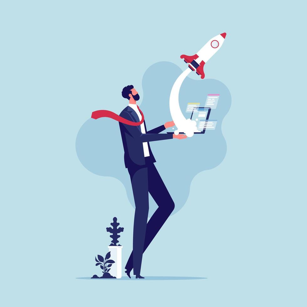 Launching a startup business. Illustration of a man holding a laptop with a rocket launching. launching a new project or idea vector