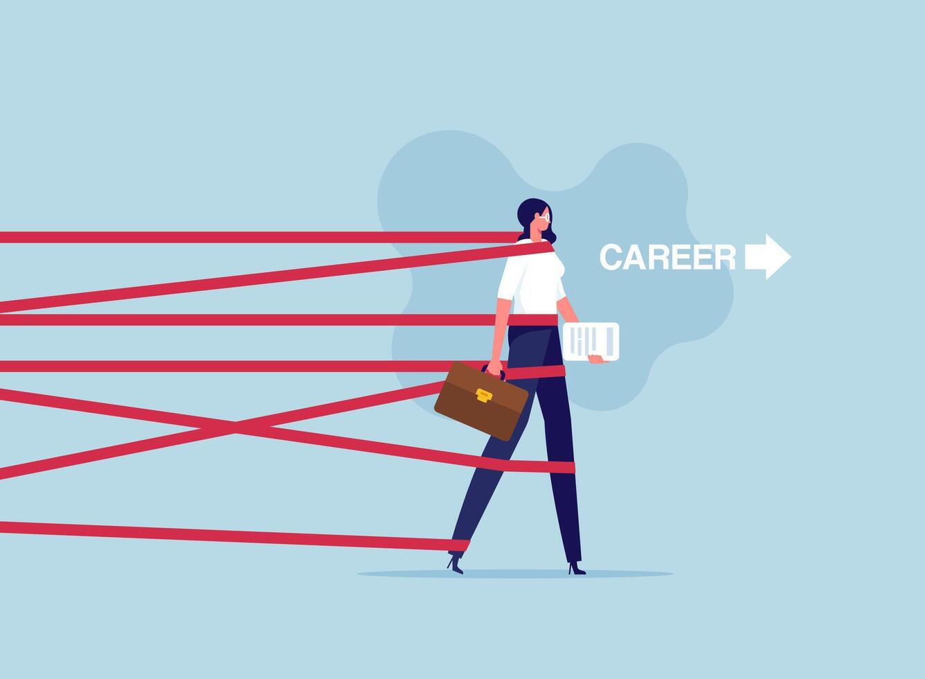 Business difficulty or struggle with career obstacle, Limitation and trap or challenge to overcome success, businesswoman trying to run away with full effort from tied up with red tape vector