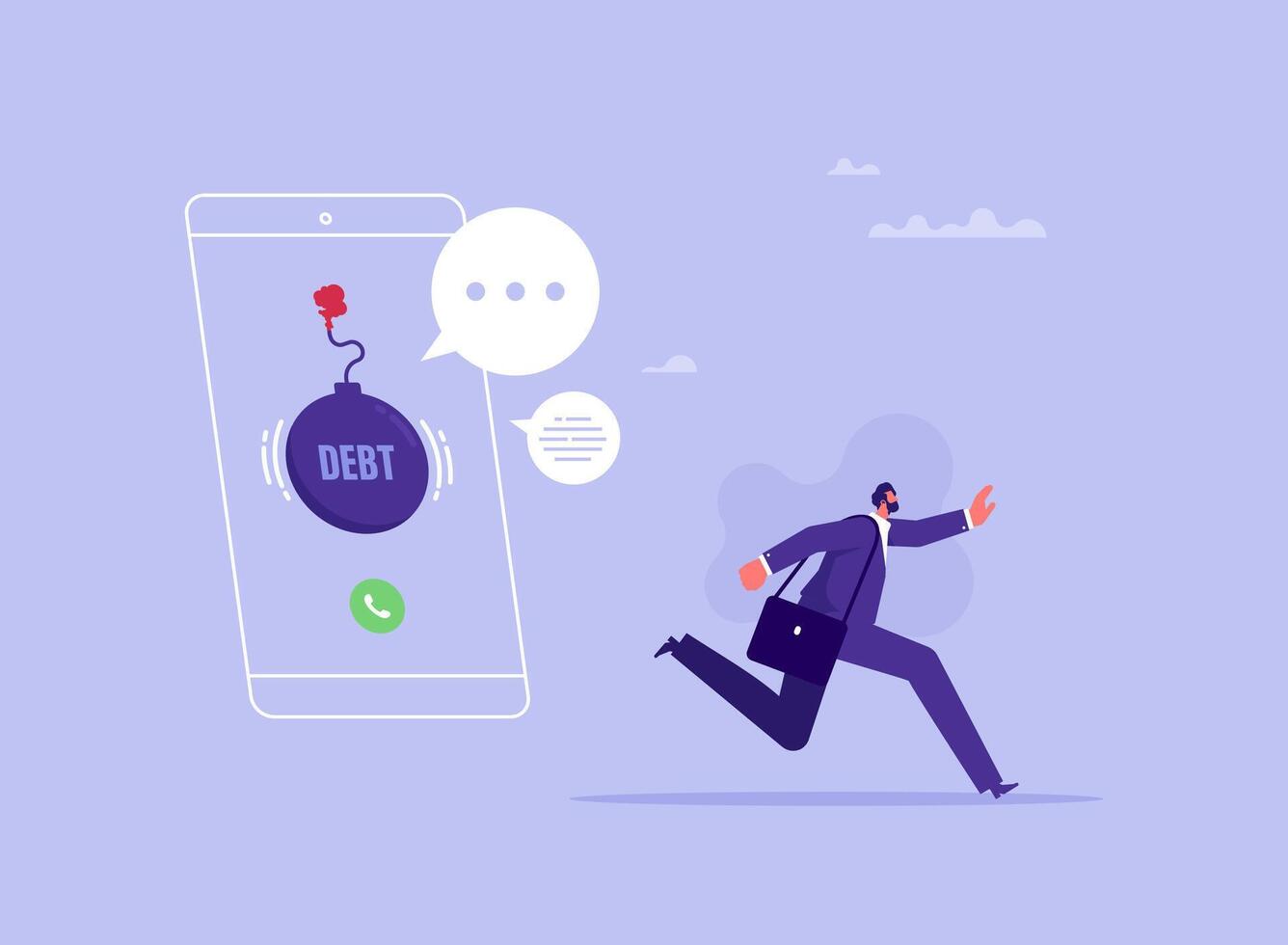 Businessman running away from incoming call with ignited debt bomb, debt payment notification via phone call concept vector