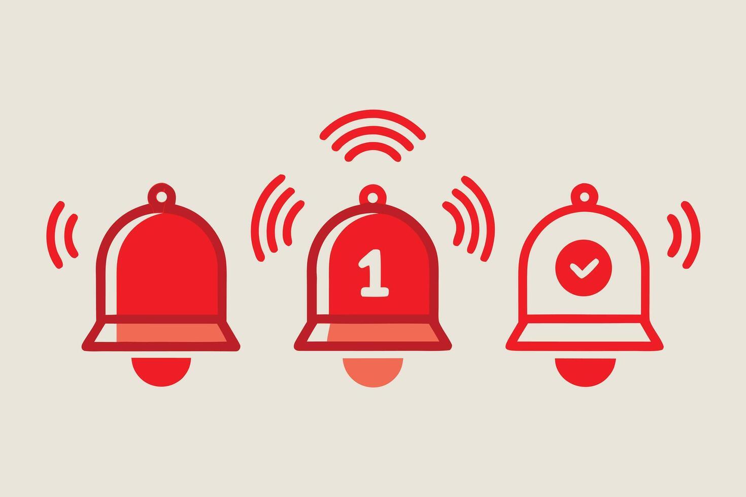 Three Red Notification Bells With Numbers And Checkmark. vector