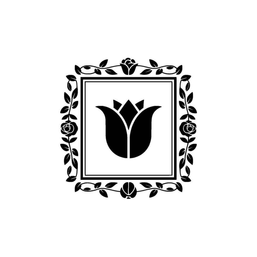 A stylized silhouette of a blooming tulip flower centered within a square frame adorned with elegant floral scrolling and rose accents vector