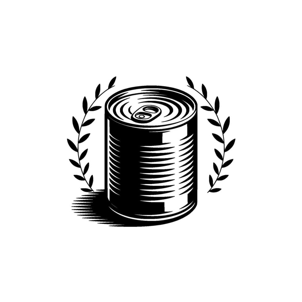 illustration of a sealed food tin can centered with a minimalist laurel wreath on a clean background vector