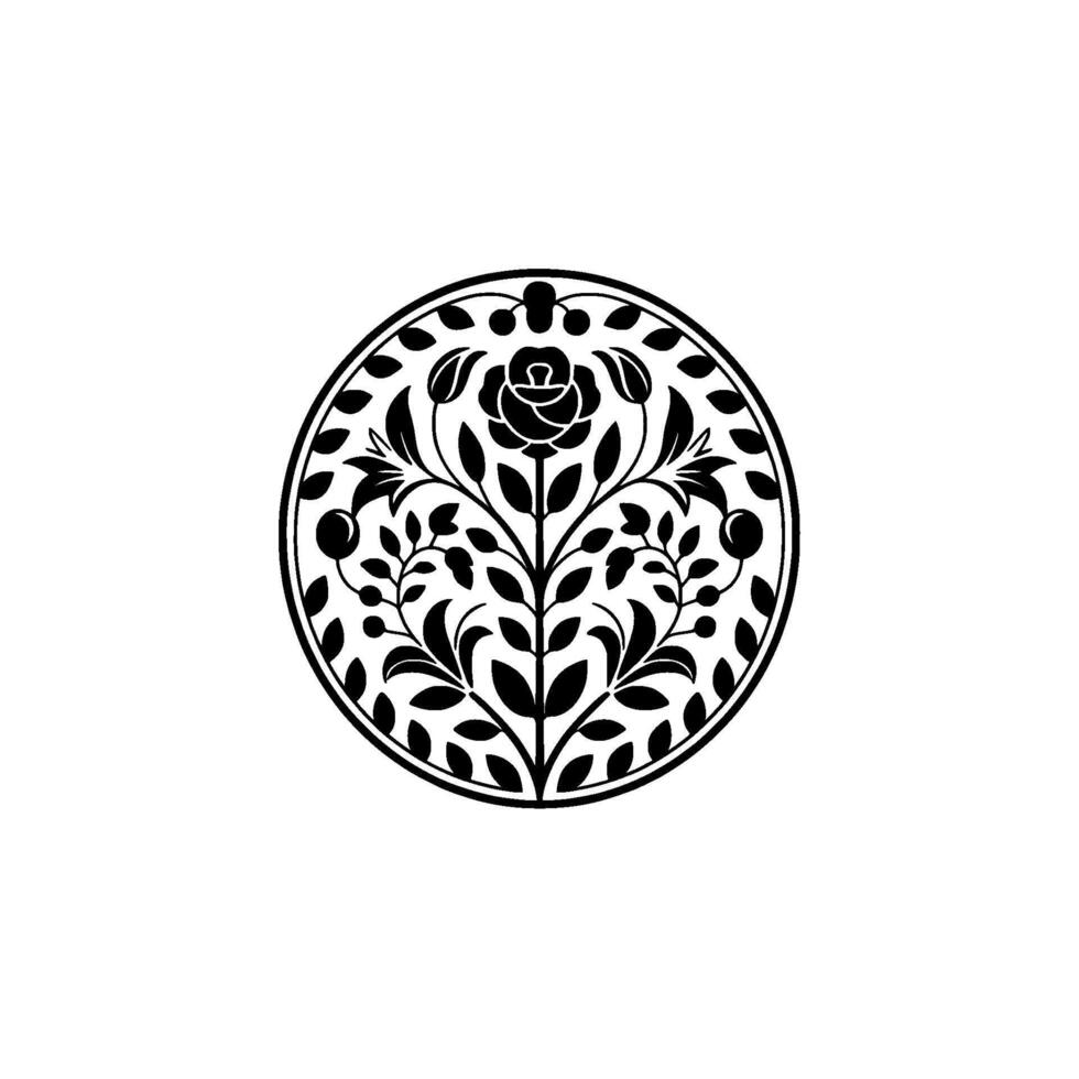 A detailed silhouette of a blooming rose with intricate branches leaves and berries enclosed within a circular border on a plain background vector