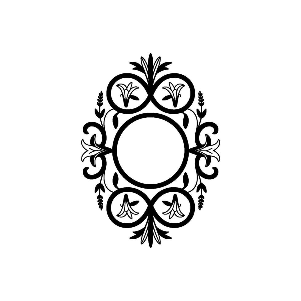 A symmetrical illustration of an ornate oval frame with botanical floral elements and infinity loops surrounding a central empty circular space on a light neutral background vector