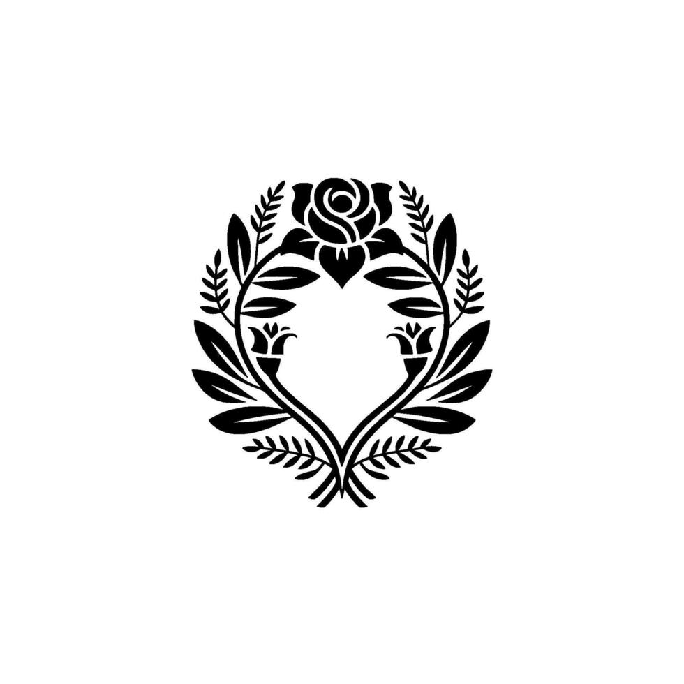 Elegant silhouette of a symmetrical floral crest featuring a central rose bloom flanked by curved stems with leaves and stylized buds forming a heart shape on a plain background vector
