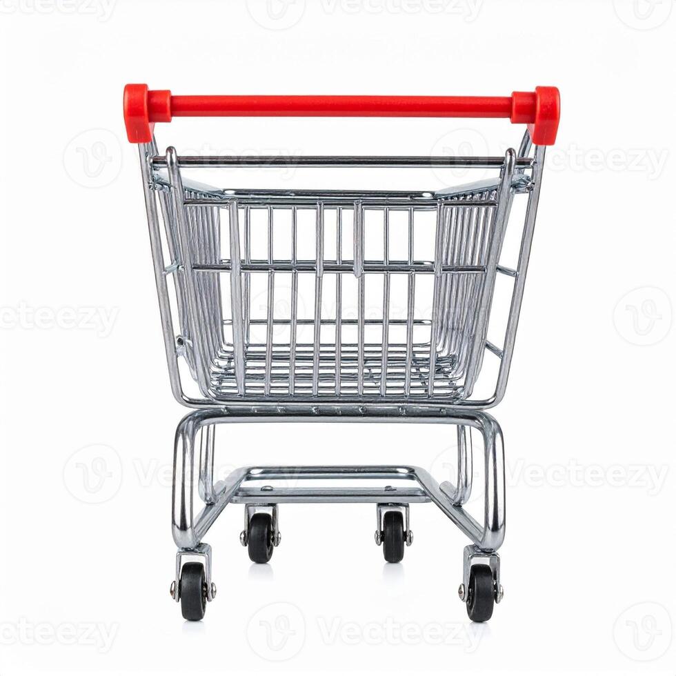 Small empty shopping cart with red handle, back view straight on, isolated on white background. photo