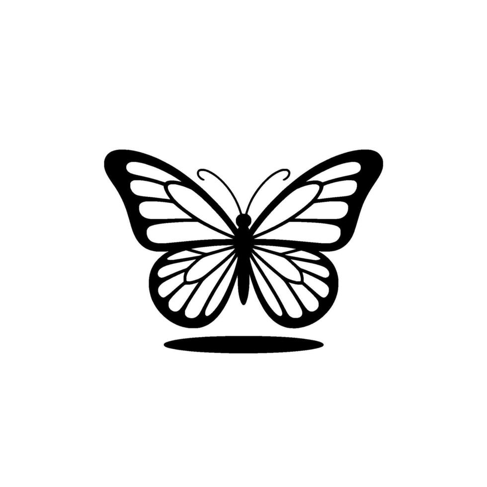 A striking silhouette of a stylized butterfly with intricate wing patterns rests serenely upon a clean background casting a subtle shadow beneath it vector
