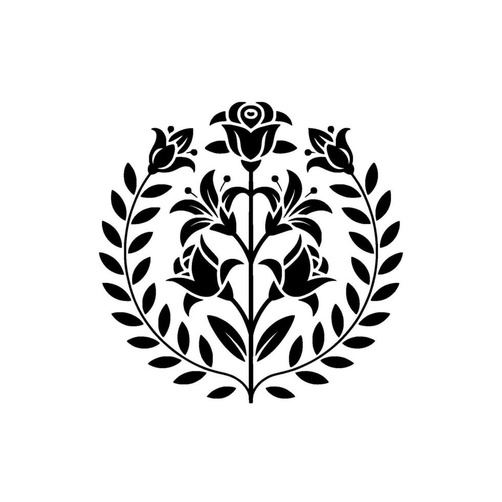 Stylized floral emblem featuring roses and lilies enclosed by a laurel wreath against a plain background creating an elegant and symmetrical element vector