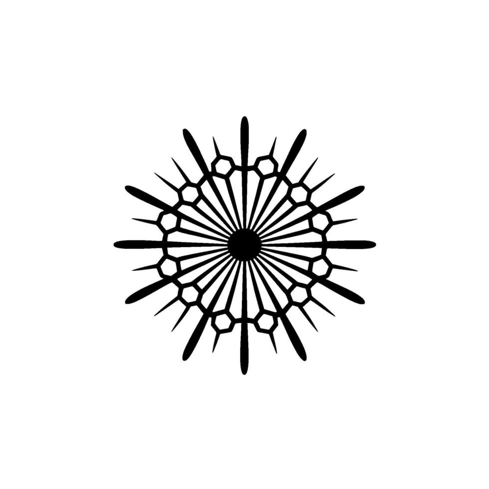 A stark geometric snowflake pattern with sharp pointed rays and hexagonal insets casting a soft shadow on a clean background vector