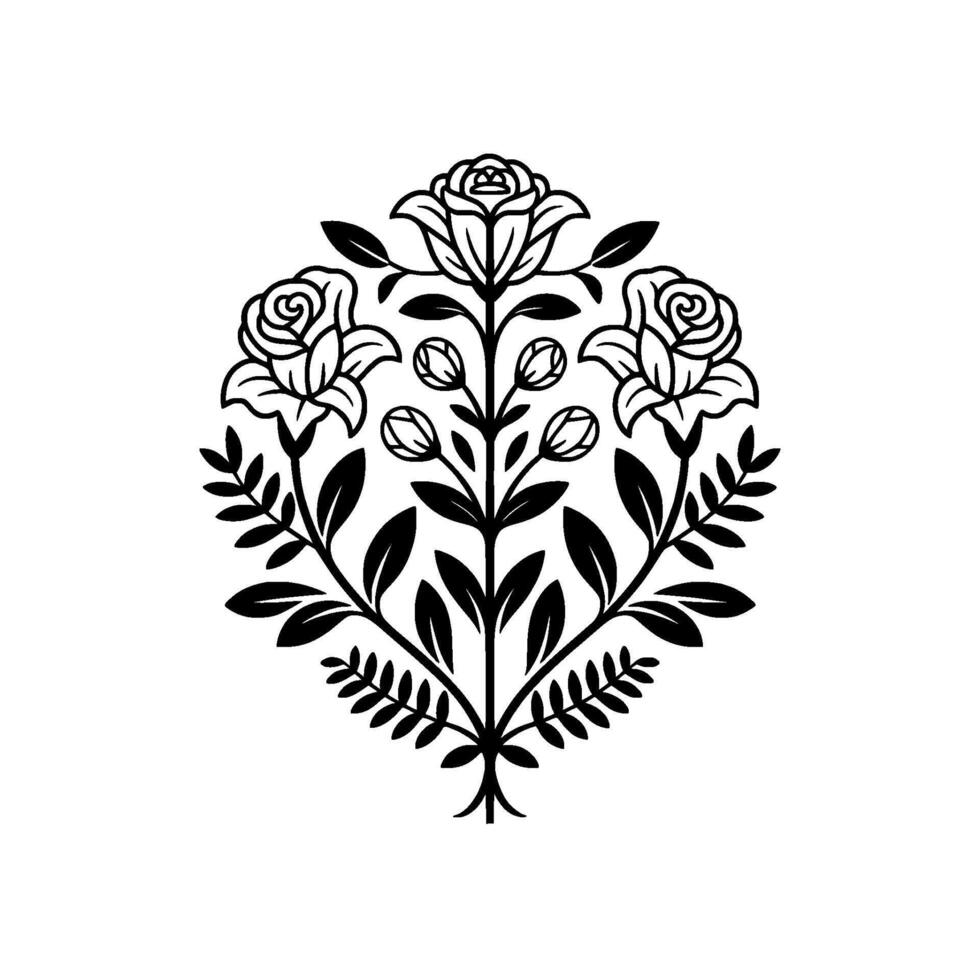A symmetrical illustration of three stylized roses and their buds with decorative leaves and stems creating an ornate floral emblem on a plain background vector