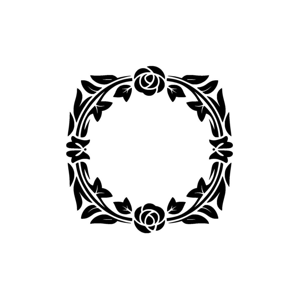 A silhouette decorative circular floral frame with elegant rose motifs and swirling leaf elements on a neutral light grey gradient background vector