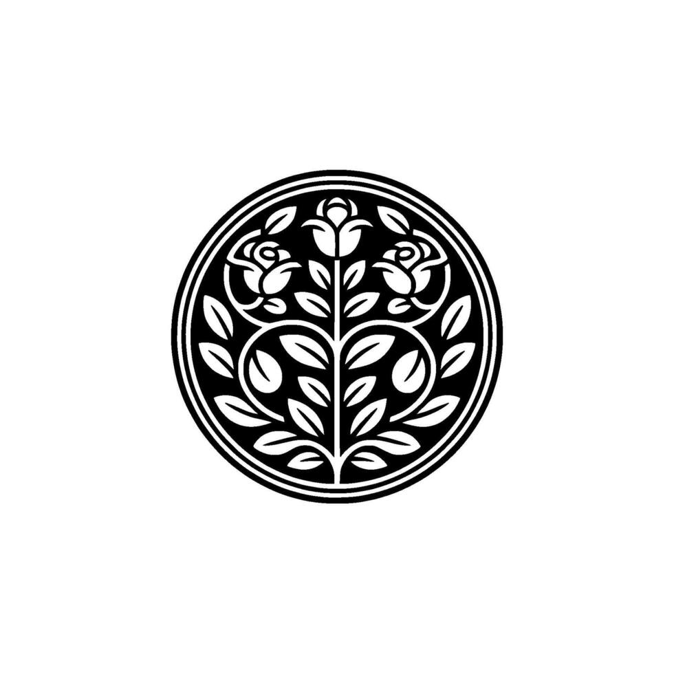 A striking circular emblem featuring a stylized floral with elegant roses and branching leaves symmetrically arranged within a decorative double border isolated on a clean light gray background vector