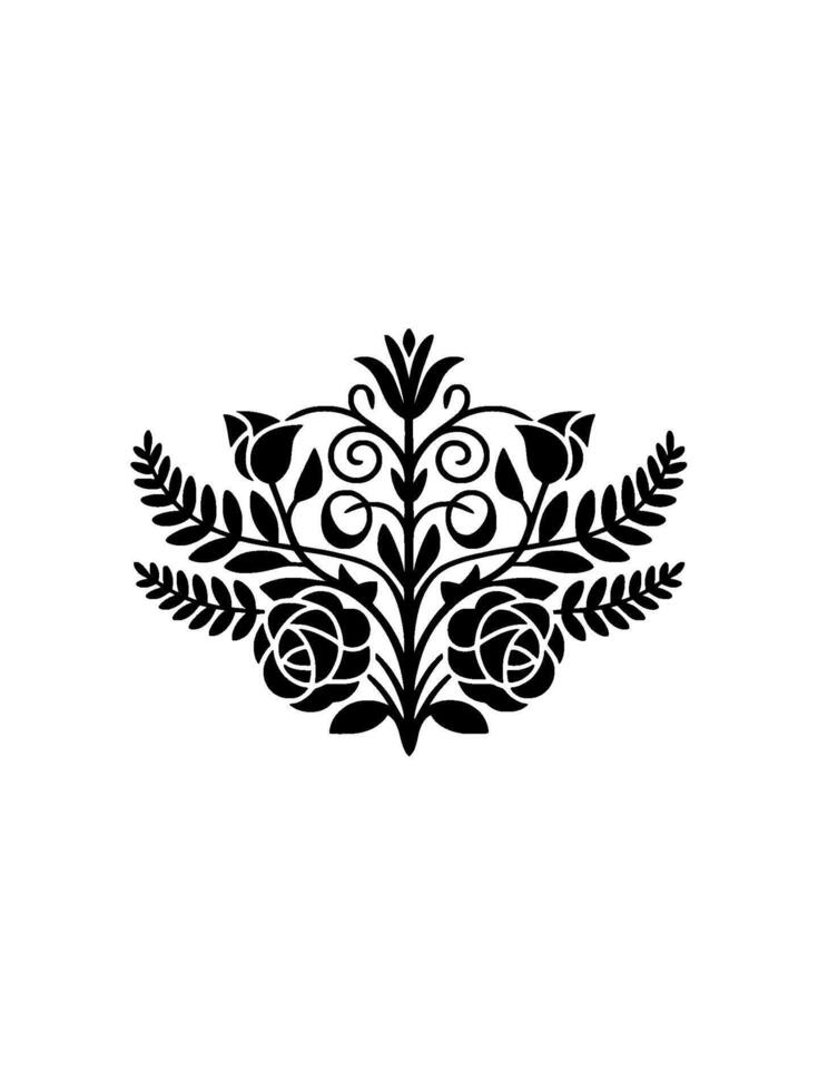 A silhouette of an ornate floral crest featuring stylized roses and swirling vines centered on a plain background for decorative elements vector
