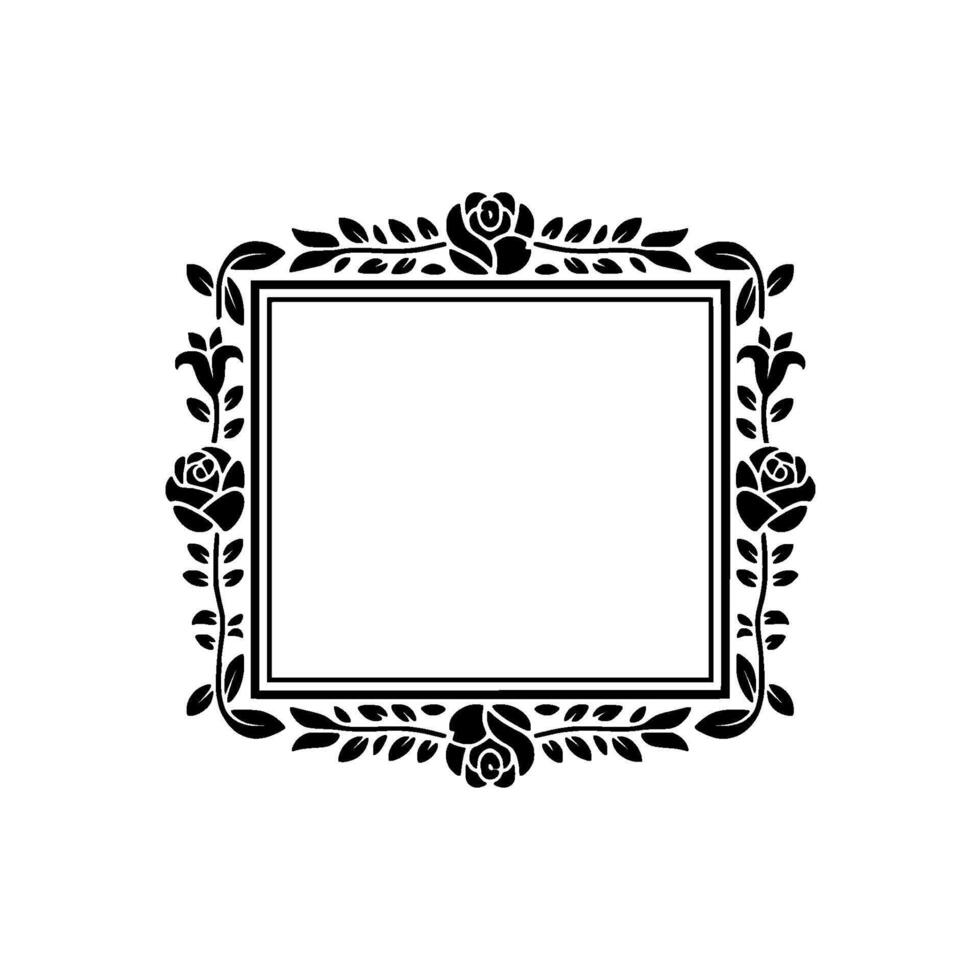 A silhouette of a rectangular ornate frame adorned with stylized roses and swirling leaves perfect for elegant invitations or decorative borders on a neutral background vector