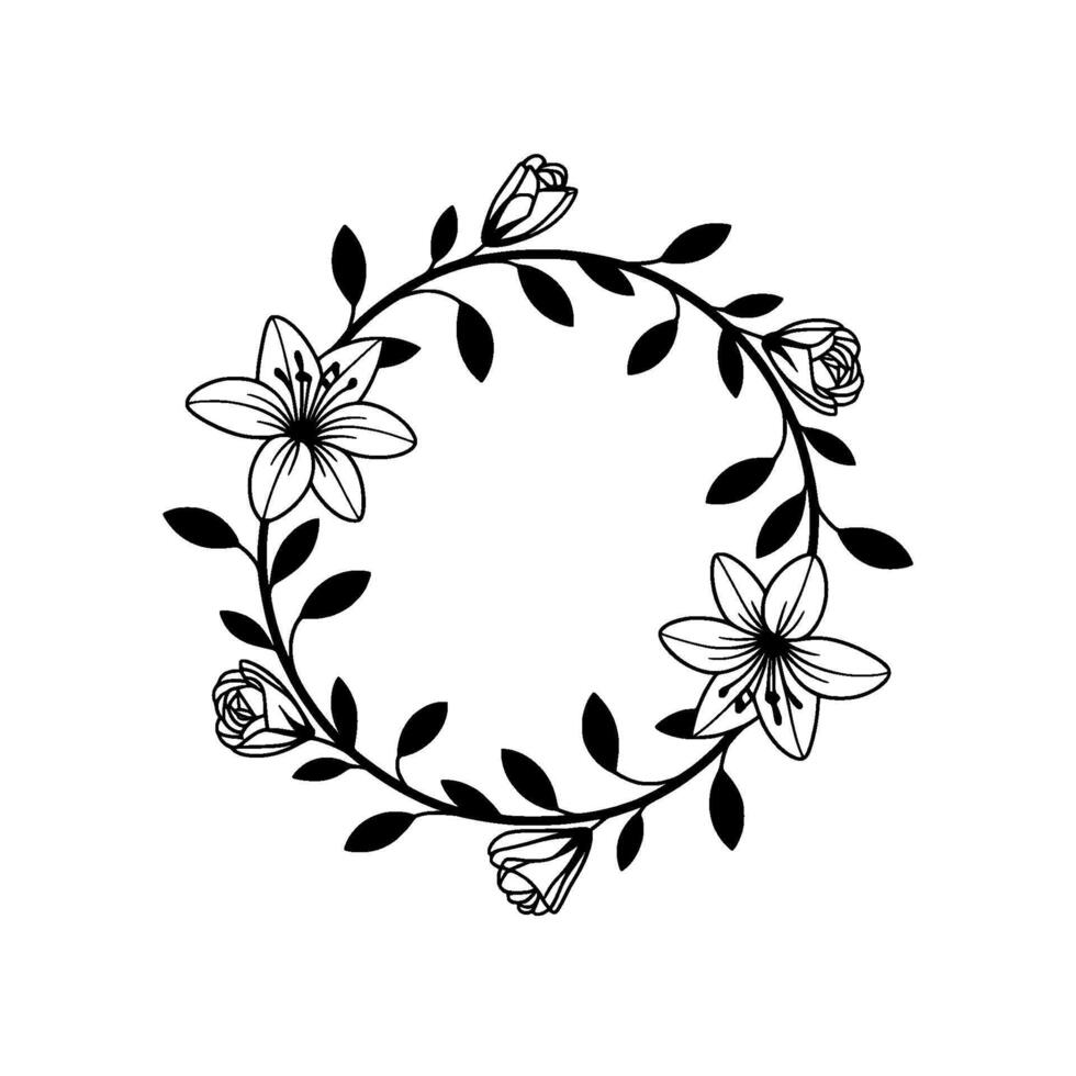 A delicate line art illustration of a circular floral wreath featuring open lilies and closed rose buds intertwined with simple leaves on a plain light gray background vector