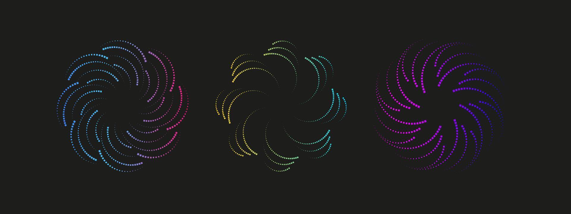 Set of luminous neon sound wave circles with dotted texture. Colorful audio spectrum design with vivid oscillations. Perfect frame for electronic music flyer and visuals. vector