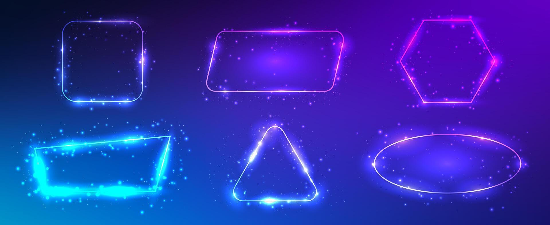 Set of six neon frames with shining effects and sparkles vector