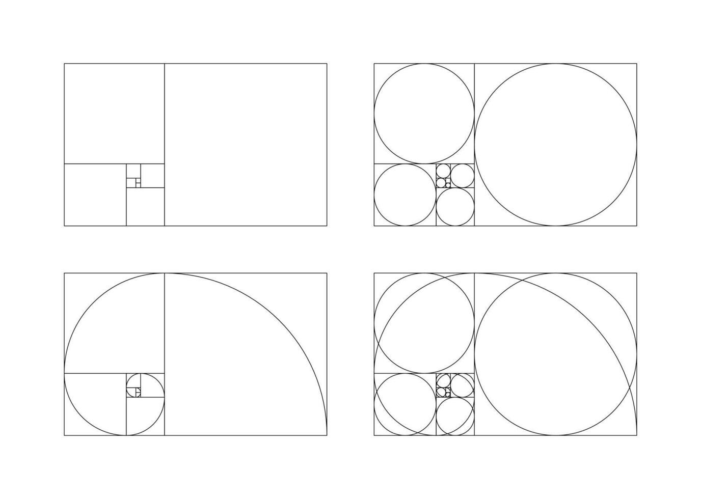 Golden ratio harmony proportions vertical templates collection. Fibonacci arrays set. Fibonacci numbers, geometric shapes. vector