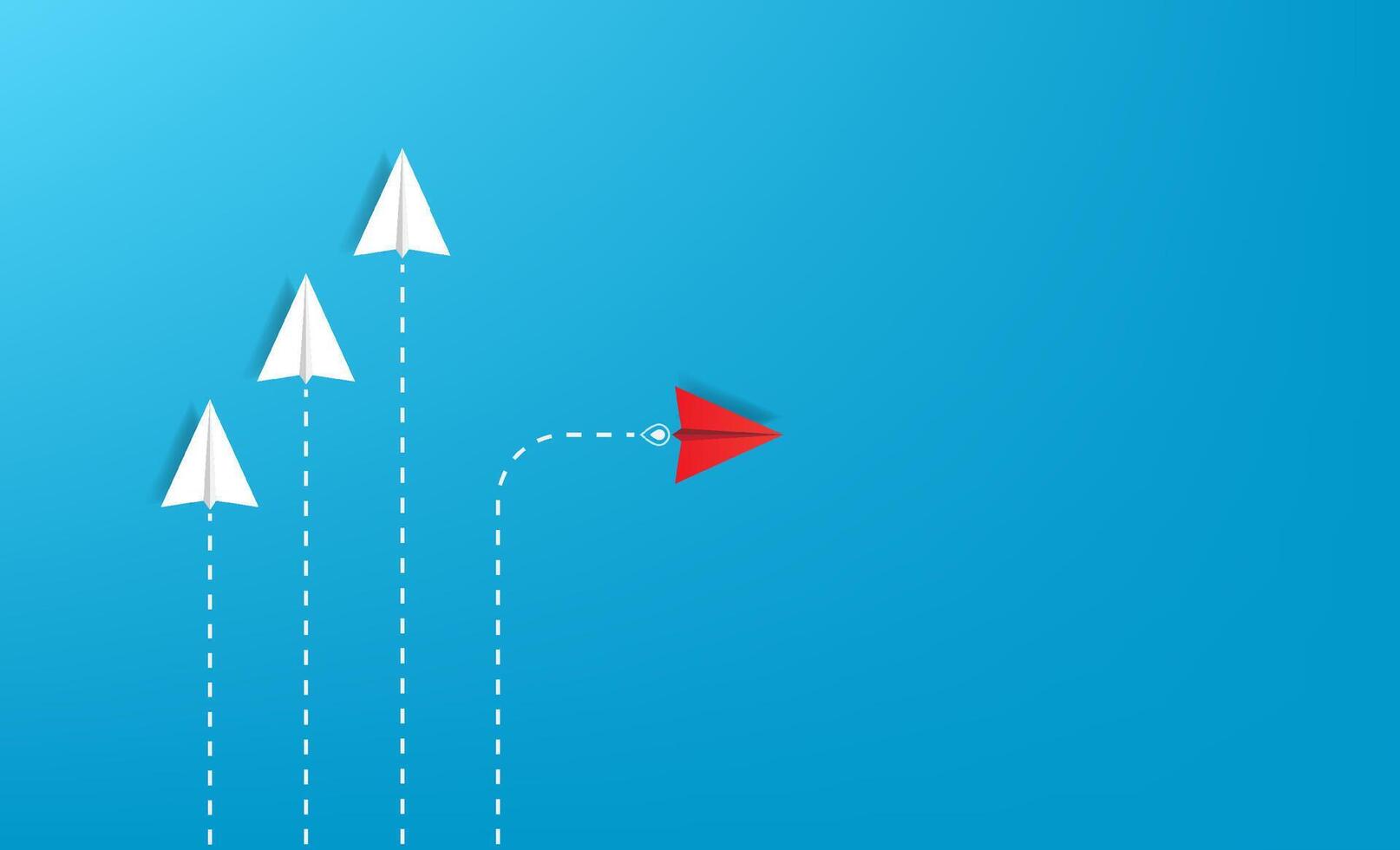 Red paper plane out of line with white papers to change a new way, new idea and innovation concept, courage to stand out and unique vector