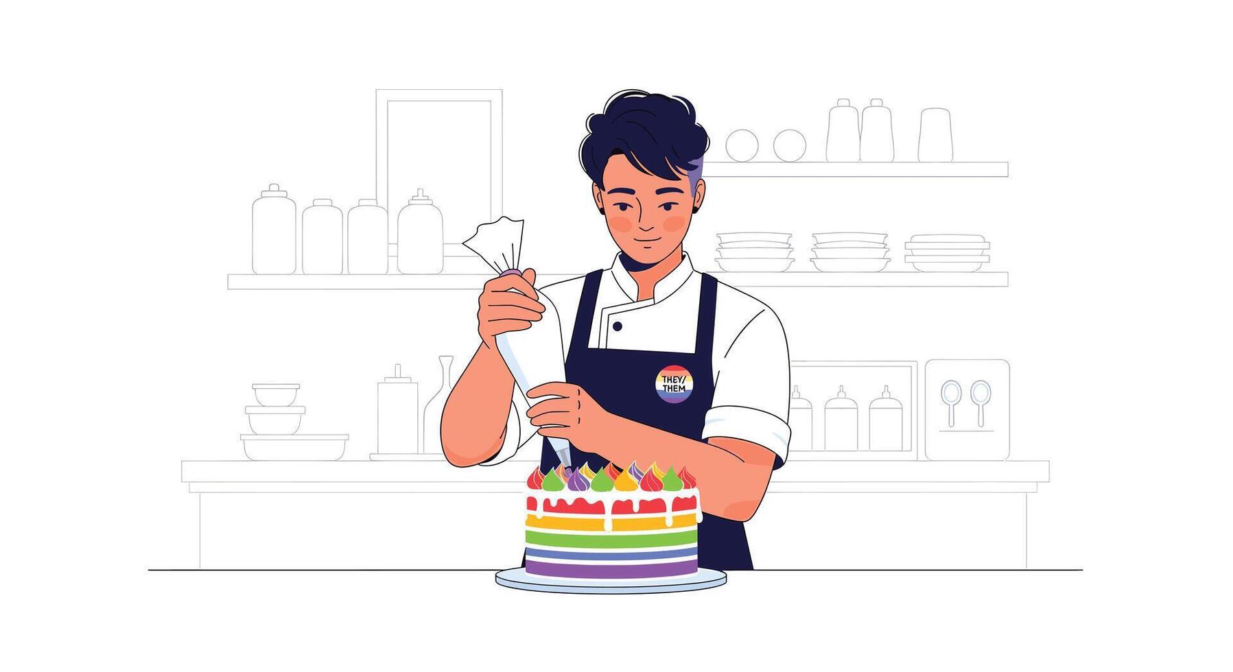 NonBinary Chef Decorating Rainbow Cake with Pride and Inclusivity, Featuring Pronoun Pin and Colorful Icing Design in Kitchen Setting vector