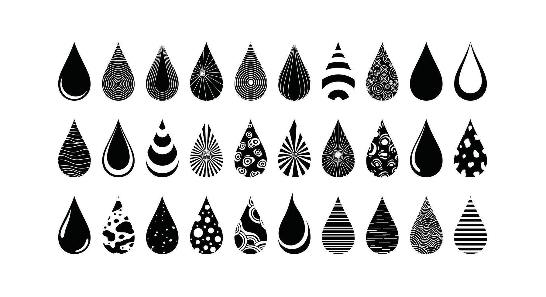 Collection of Varied Water Drop Icons in Black and White, featuring unique patterns, shapes, and styles for design and graphical use vector