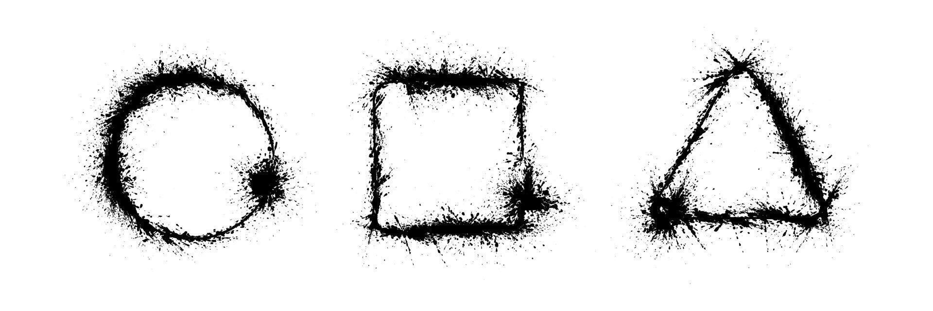 Three distinct geometric shapes a circle, square, and triangle are arranged horizontally, showcasing textured black ink splatters on a white background, creating an abstract appearance. vector