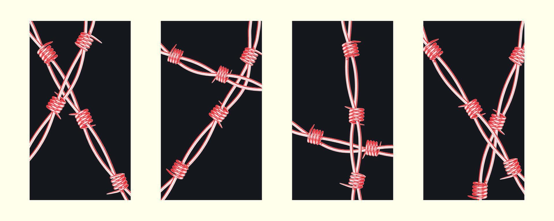 Set of vertical backgrounds showcases a retro collage style. Barbed wire is cut out of paper with a halftone effect, enhanced by a red tint on a black backdrop. vector