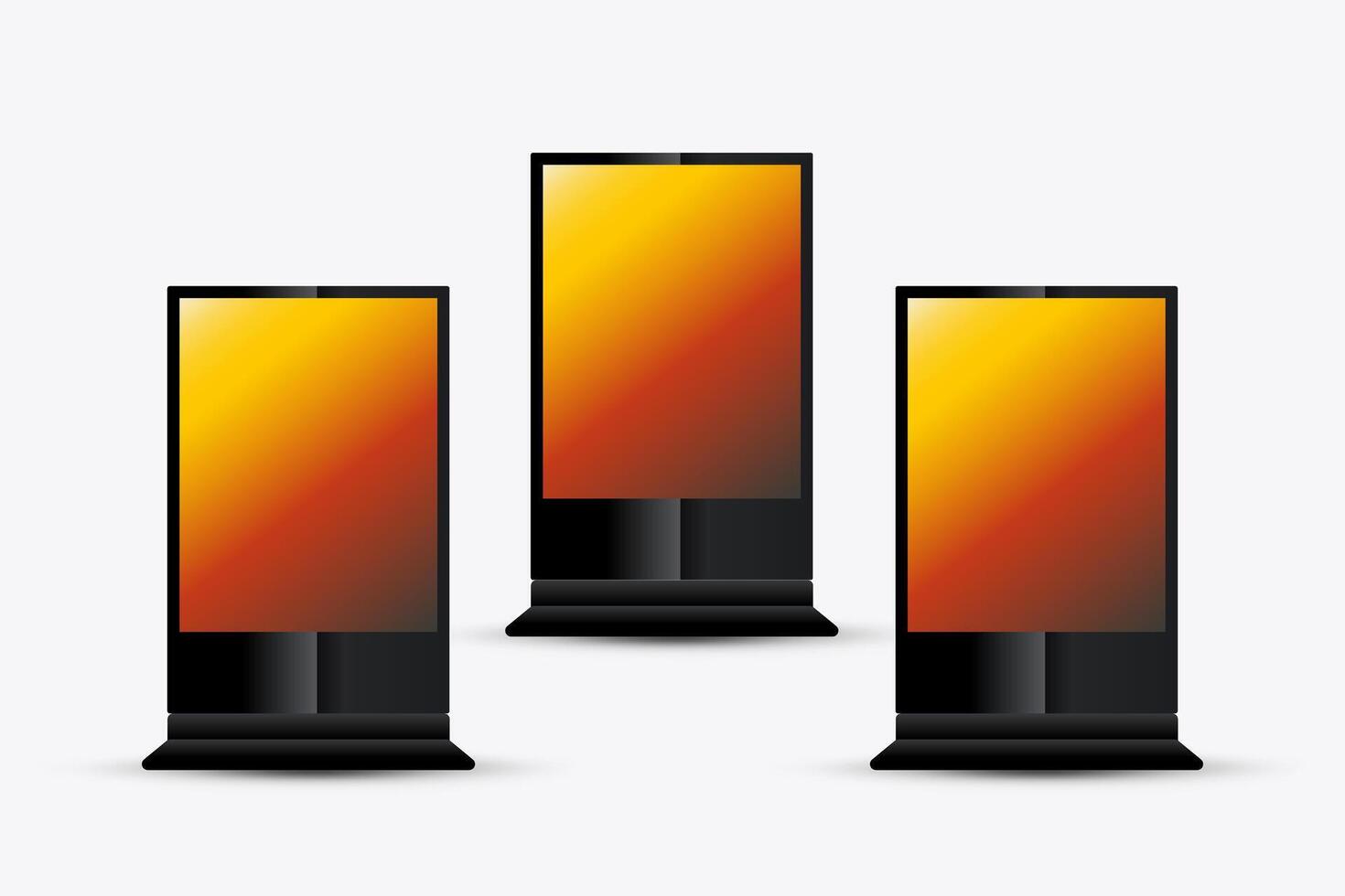 Group of Three High LEDs Mock Up Design. Three LED screens with gradien yellow on screen. LED mock up monitor display the presentation vector