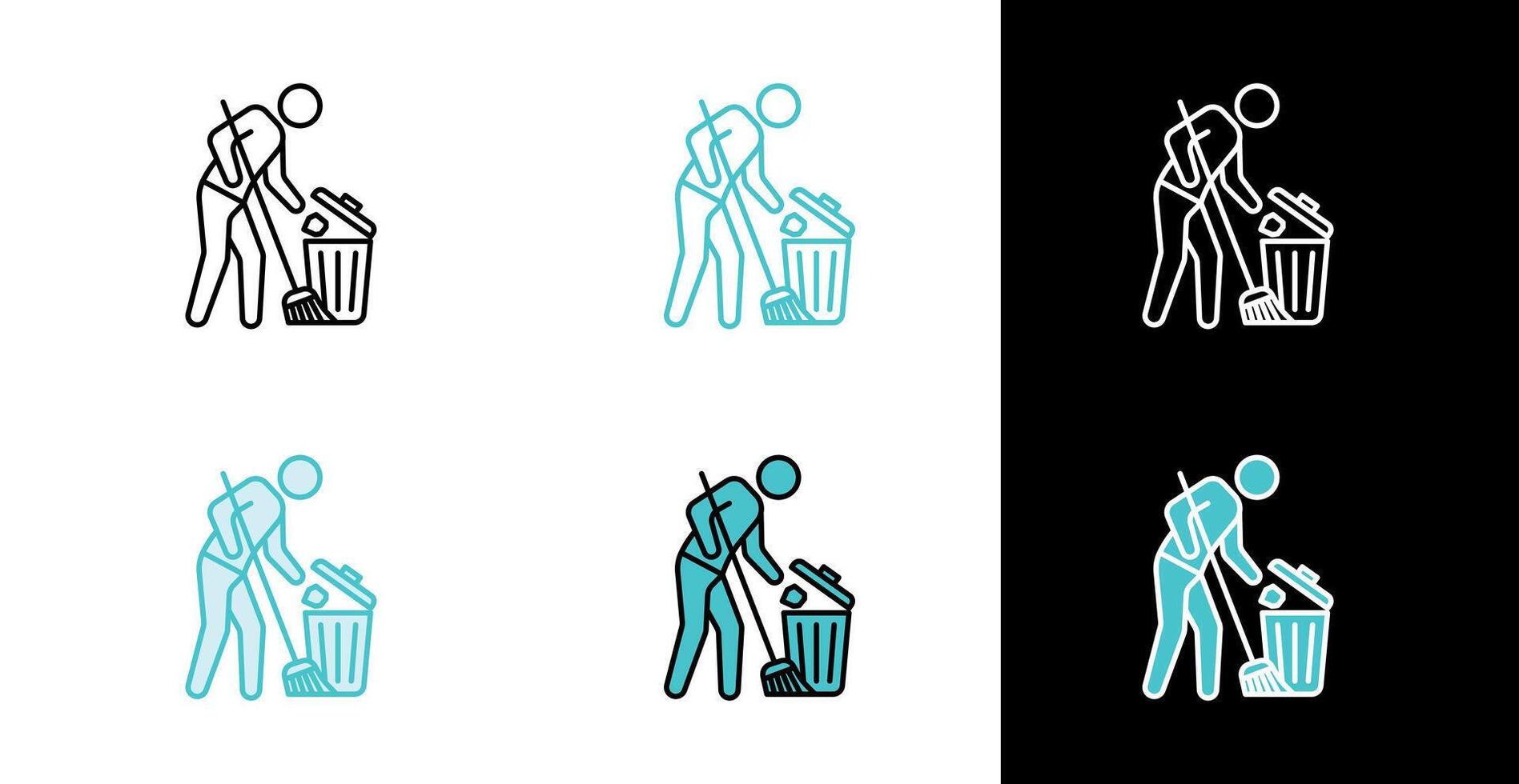 Janitor with broom and trash can icon in line and fill style vector