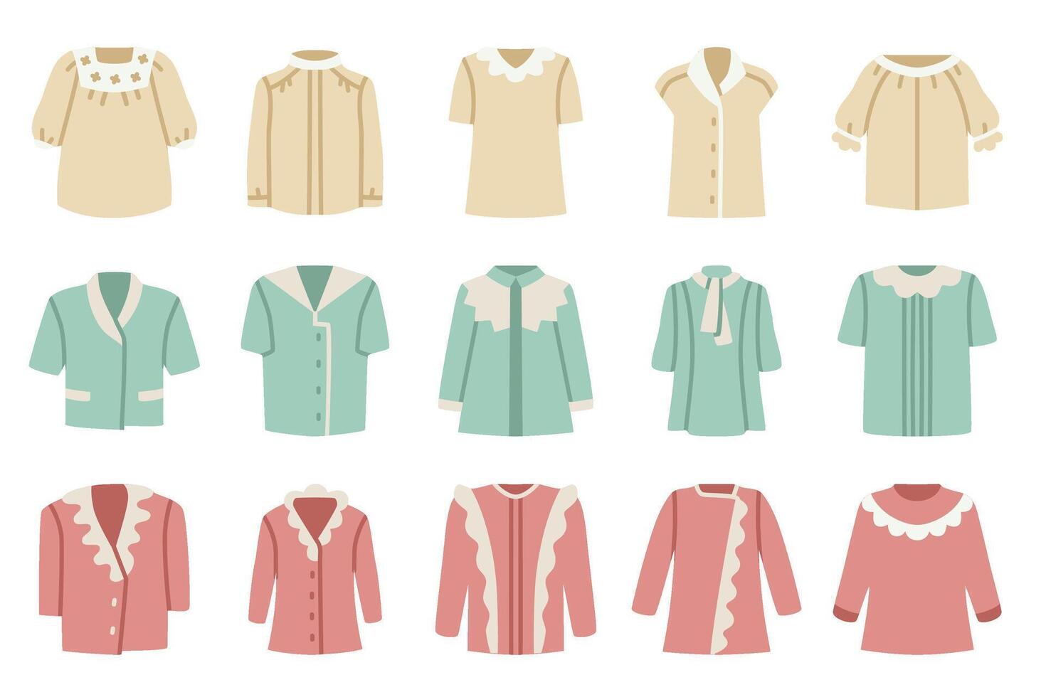 Flat-style illustrations of tops with various neckline styles, available in three color schemes. vector